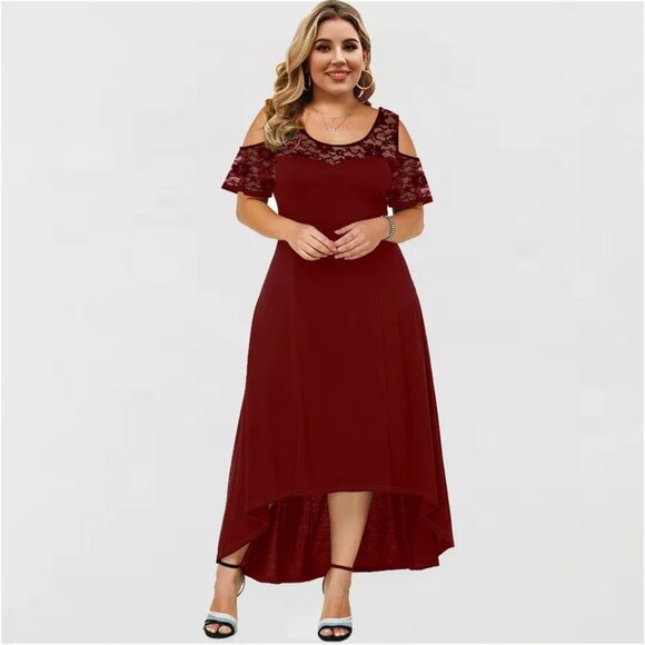 2/$40 Red High-Low Midi Dress Short cold shoulder Lace Evening Party Size XL - Picture 1 of 6